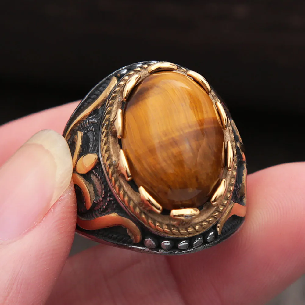 Punk Stainless Steel Opal Rings For Men Women Fashion Big Tiger Eye Rings Engraved Signet Vintage Ring Jewelry Gift Wholesale