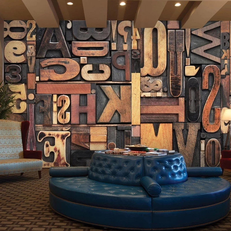 Custom European Retro Mural Photo 3D Stereoscopic Wood Alphabet Wallpaper Cafe Bar Living room TV background bedroom restaurant