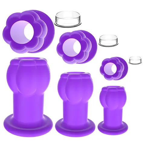 Silicone Hollow Anal Plug Set with Caps - Purple Tunnel Butt Plugs for Gape Training Prostate Play & Advanced Stretching