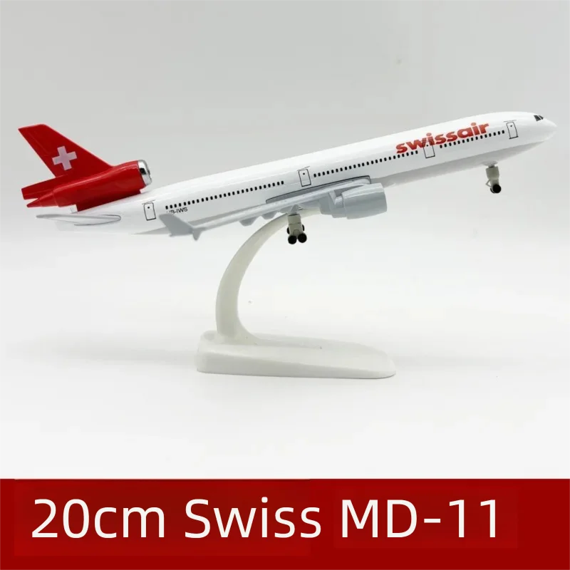 20cm Plane Model Swiss Air MD11 Diecast Airplanes 1/400 Metal Scale Aircraft With Bracket Propeller Room Decoration Hobbies Gift