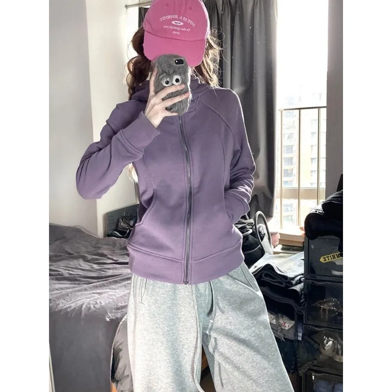 Women's American Style Slim Hooded Zip Up Sweatshirt Waist Cinched Casual Sports Jacket