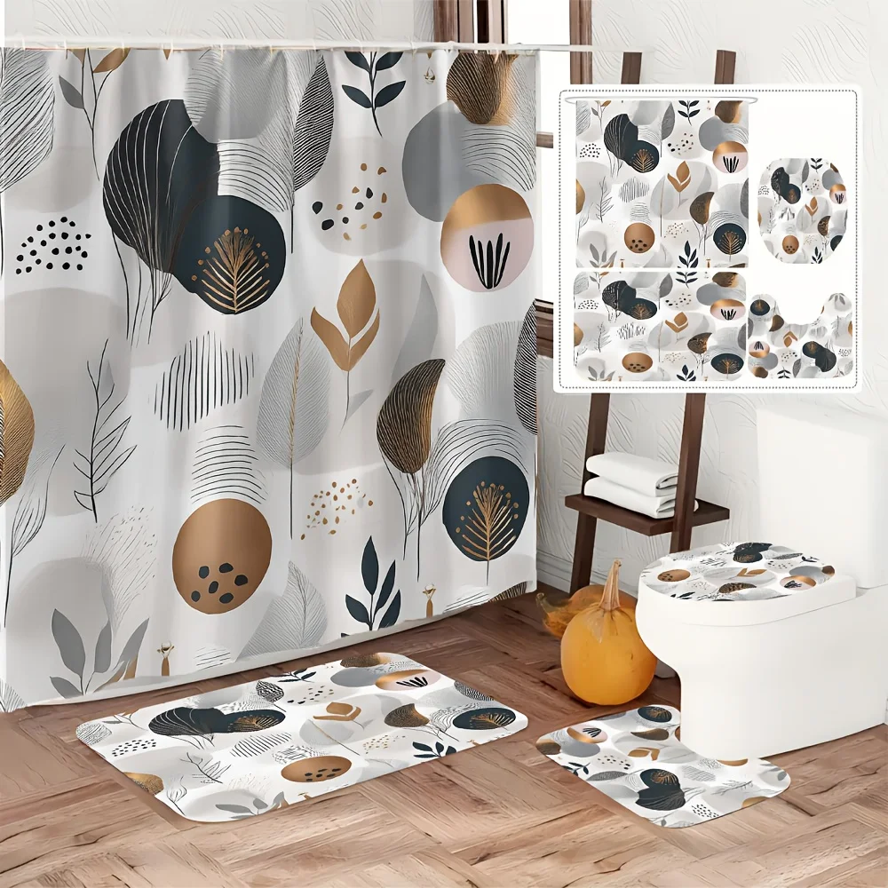 

4pc Bathroom sets featuring leaf and shape patterns, including bathroom mats, U-shaped mats, toilet seat covers shower curtains