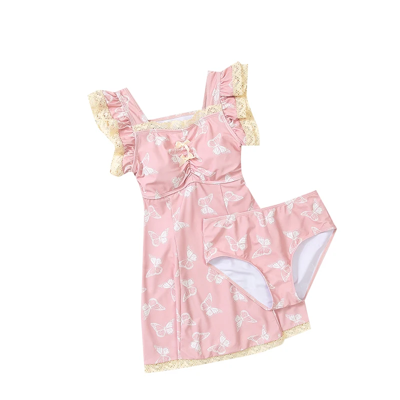 Japanese Cute Sweet Girl Vacation Dress Swimsuit Lace Flying Sleeves Square Neck Bow Backless Two-Piece Swim Suits Women Summer