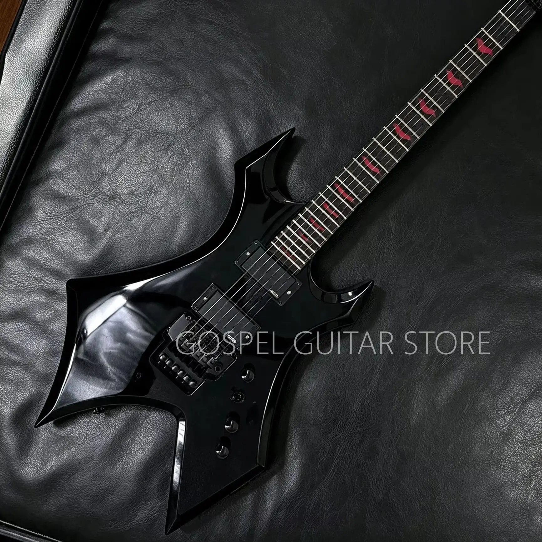 Classic Alien Black Electric Guitar - Sabre Design, Rosewood Fingerboard, Red Bat-Shaped Fretboard Inlays, Dual Pickups, Dual Tremolo System. Heavy Metal, Rock. Fast Shipping, Free Shipping.