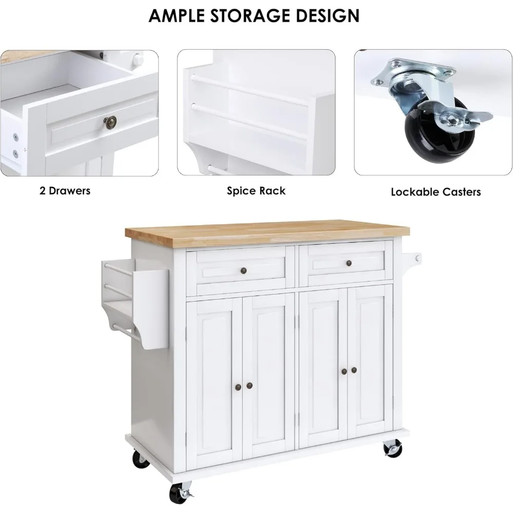 عربة جزيرة المطبخ المتدحرجة بأبعاد 43 بوصة، تتميز بأدراج وخزانة تخزين، وهي مصنوعة من الخشب المطاطي