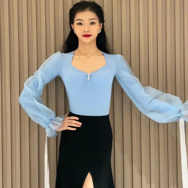 Fairy Organza Long Sleeves Latin Dance Tops Women Ballroom Dance Clothes Waltz Performance Costume Blue Red Black Leotard L13392