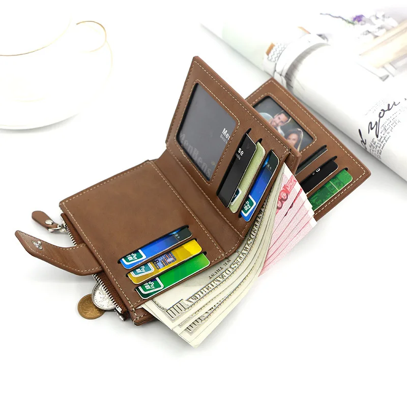 New Men's Wallet PU leather Short Snap Buckle Casual Card Bag Vertical Loose leaf Men's Wallet with Insert Card Purse Male