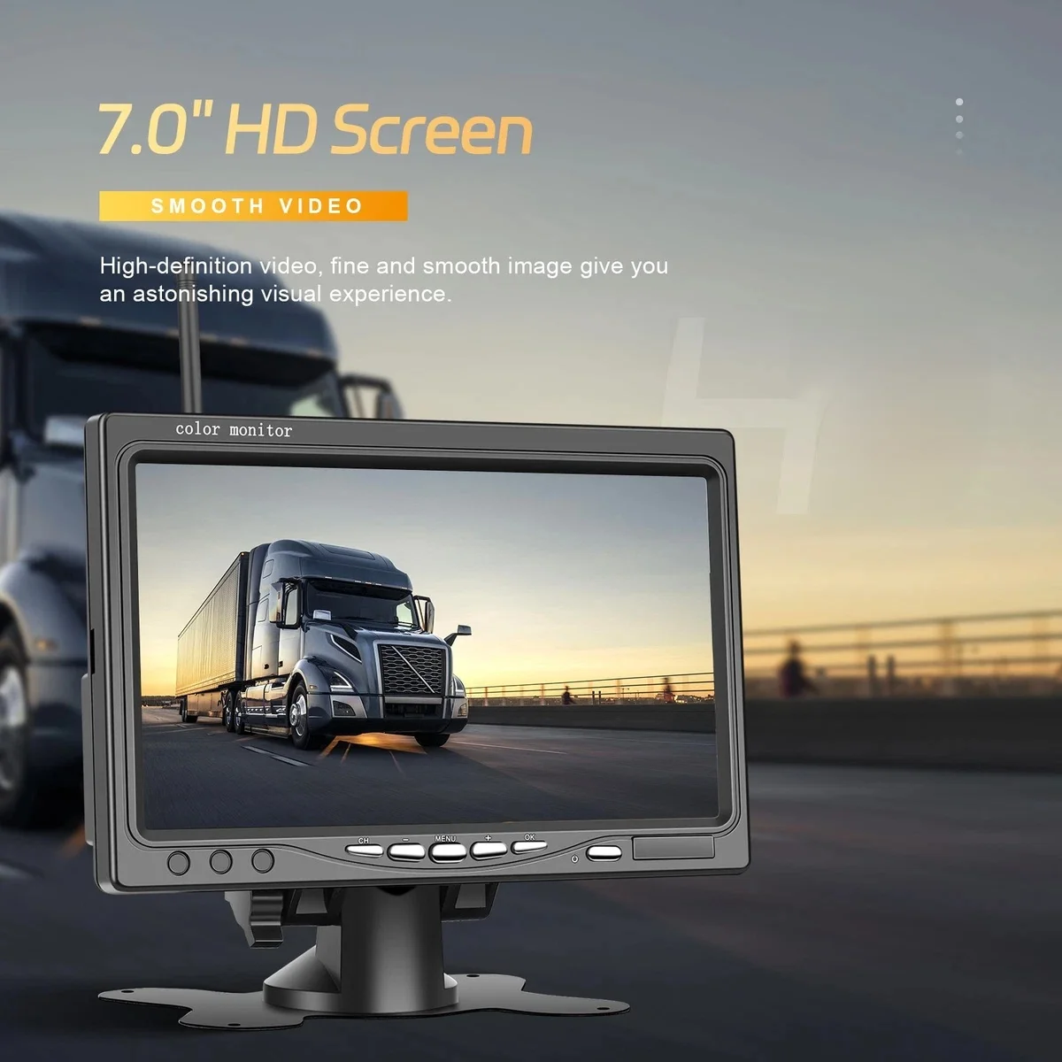 Ten 7-calowy bezprzewodowy system kamer cofania z podwójną kamerą oferuje noktowizję w wysokiej rozdzielczości 1080P i jest odpowiedni dla ciężarówek, pojazdów terenowych, przyczep i pojazdów