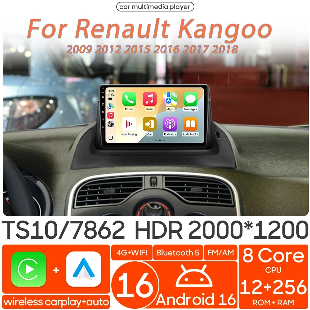 Android 16 para Renault Kangoo 2009 2012 - 2018 Pantalla de Audio Reproductor Multimedia para Auto Carplay Radio Auto Video Wifi Navegación GPS