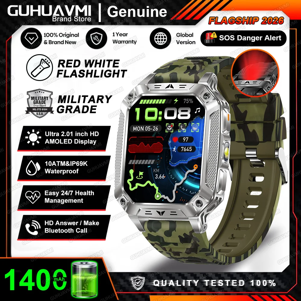 2026 Nieuwe Ingebouwde 1400mAh Supergrote Batterij Heren Smartwatch Outdoor GPS 2.01" AMOLED Scherm 10ATM Waterdicht BT Oproep Smartwatch