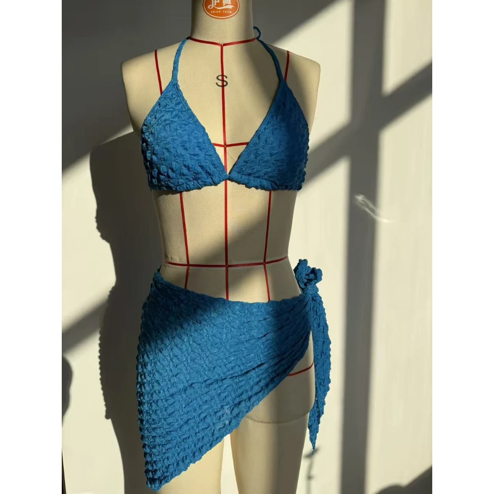 3 Pcs Textured Bikini Swimsuit Halter Triangle Bathing Suit Side Tie Wrap Skirt Cover‑Up Multi‑Color Brazilian Beach Swimwear