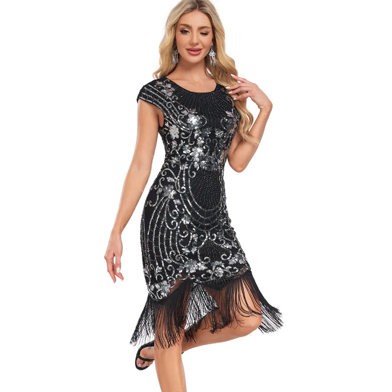 Abito con perline retrò Abito da sera con nappe alla moda Abito da cerimonia nuziale elegante con paillettes sul davanti Abiti da sera popolari popolari