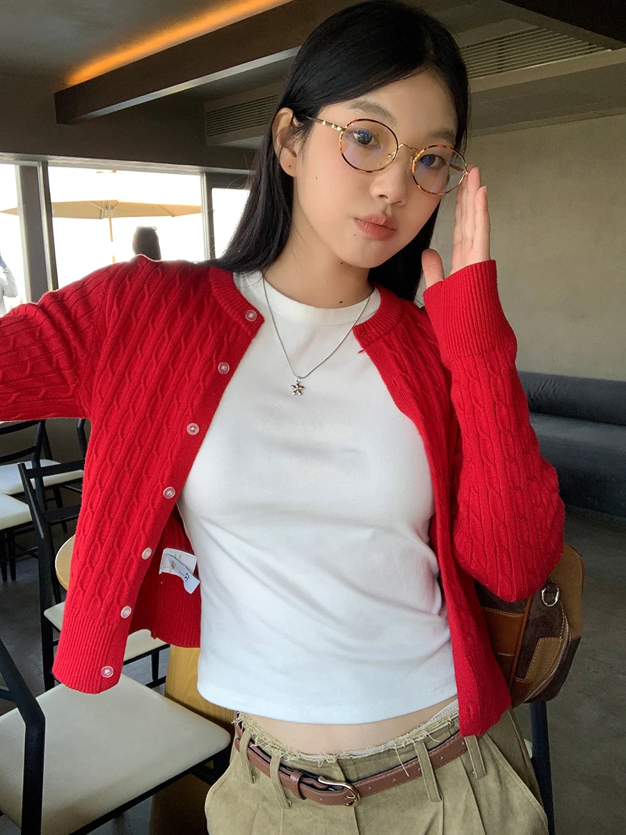 

Красный вязаный открытый кардиган женский ort Sve Long Sve Inner Wear Base irt Ele Lazy Sweater Commute Sle Simple