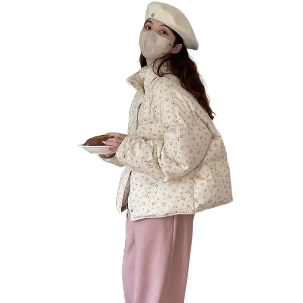 

Women's Small Floral Cotton-Padded Jacket Korean Style Stand Collar Thickened Bread Coat Winter Warm Short down Outerwear