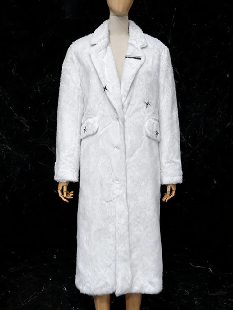 معطف نسائي طويل من ZMEENNA معطف كبير الحجم ذو طية صدر واسعة وجيوب ببرشام على شكل نجمة وشتاء أبيض ZM4505