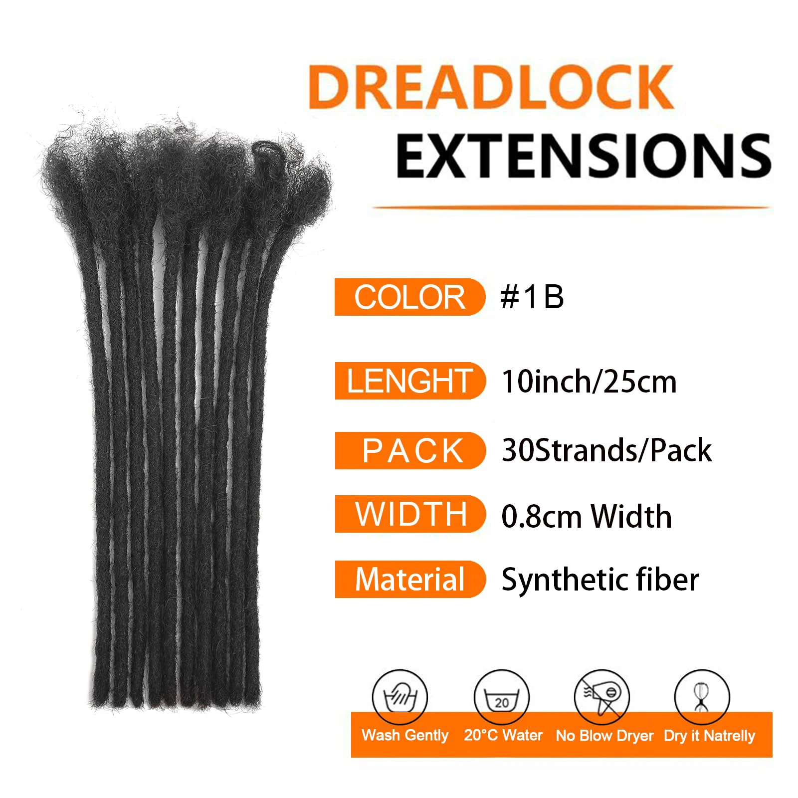 Width 10 Inch 30 Strands Synthetic Fiber Loc Extensions, Black Handmade Permanent Dreadlock Extensions for Women/Men/Kids