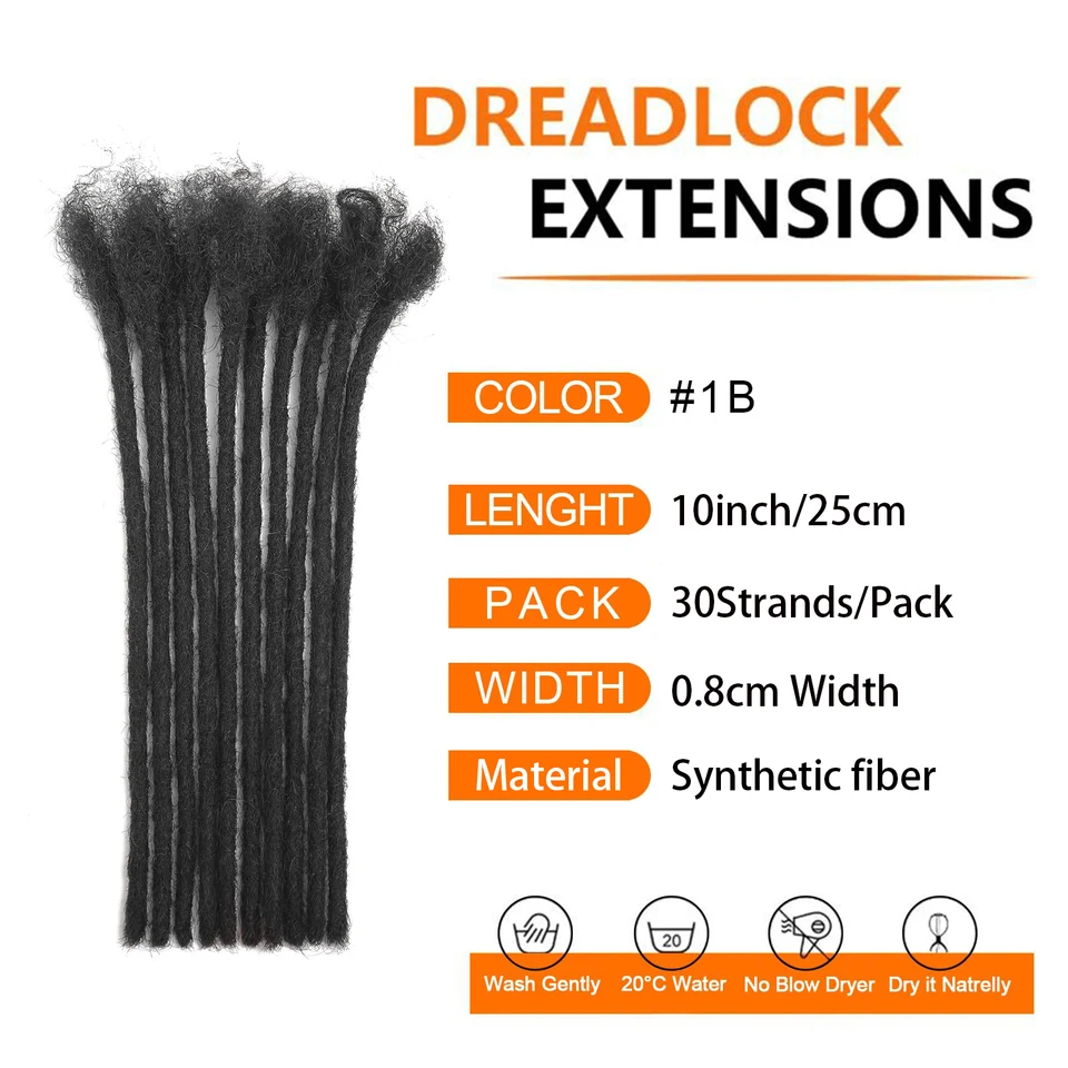 Extensiones de dreadlocks sintéticas de fibra, 10 pulgadas de ancho, 30 mechones, negras, hechas a mano, permanentes, para mujer/hombre/niños 2