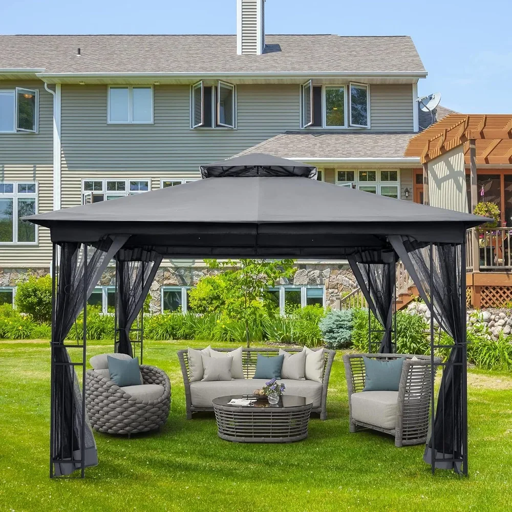 10X12FT Outdoor Patio Gazebo with Ventilation Double Roof, Outdoors Gazebos with Mosquito Netting, Outdoors Patios Gazebo