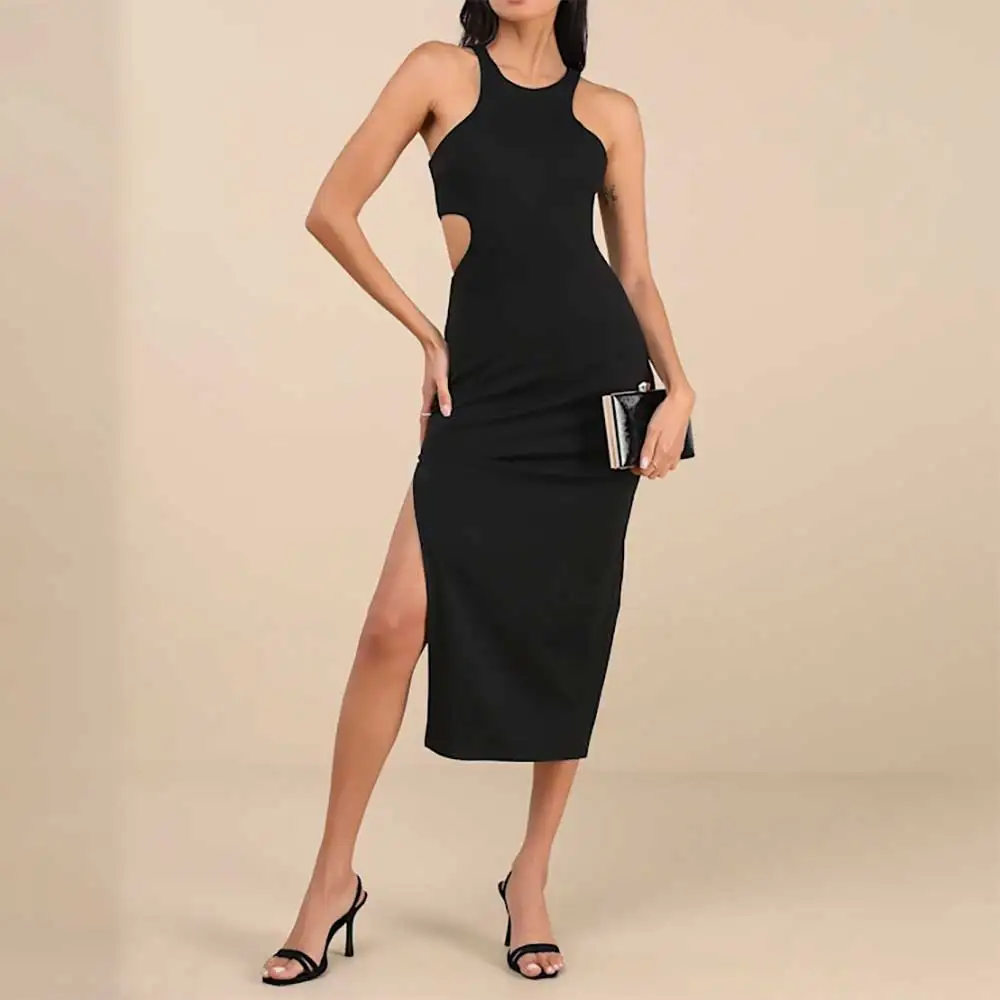 

Elegant Halter Sleeveless Straight Evening Dress For Women Side Slit Prom Party Dress Bridesmaid Dress Formal Gowns فساتين سهرة