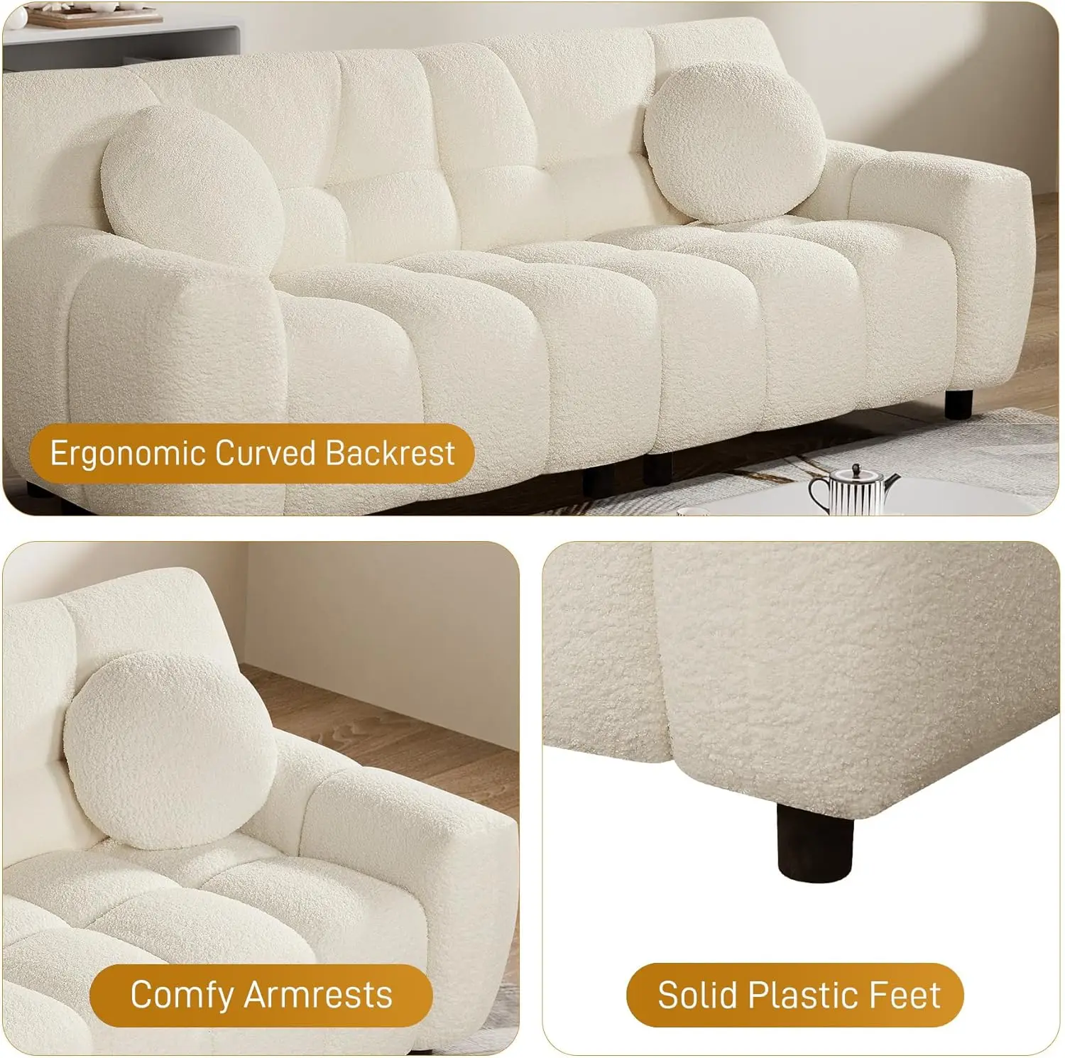 Sofá confortável com assento profundo, aconchegante estofado de 72,8" com 2 travesseiros, sofá loveseat grande para sala de estar, quarto, branco creme