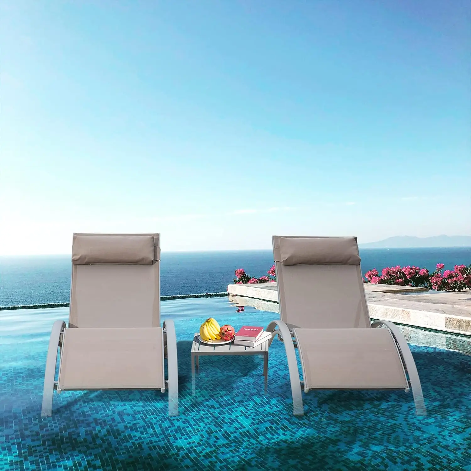Adjustable Aluminum Outdoor Chaise Lounge Chair Set with Side Table, All Weather Textilene for Pool Deck Lawn, Customized