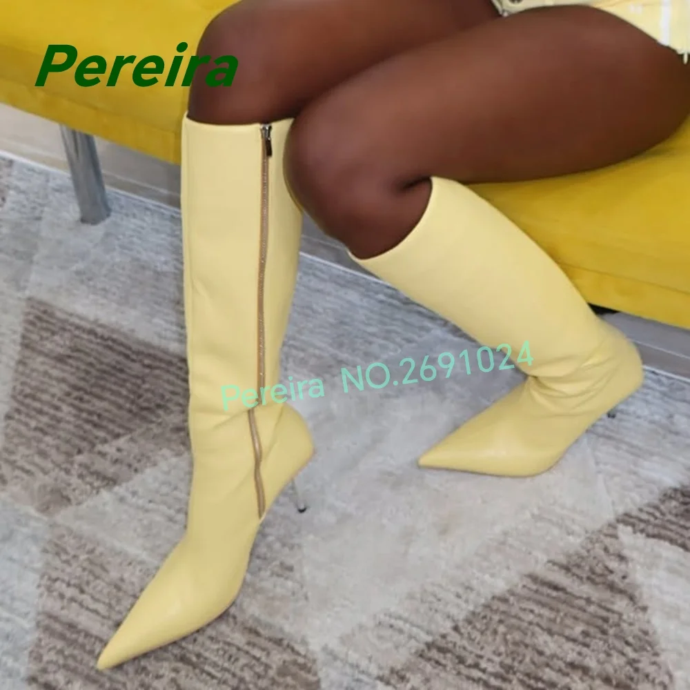 Yellow Pointy Toe Knee High Boots Leather Side Zipper Stiletto Heels Women's Long Boots Winter Fashion Patchwork Casual Shoes
