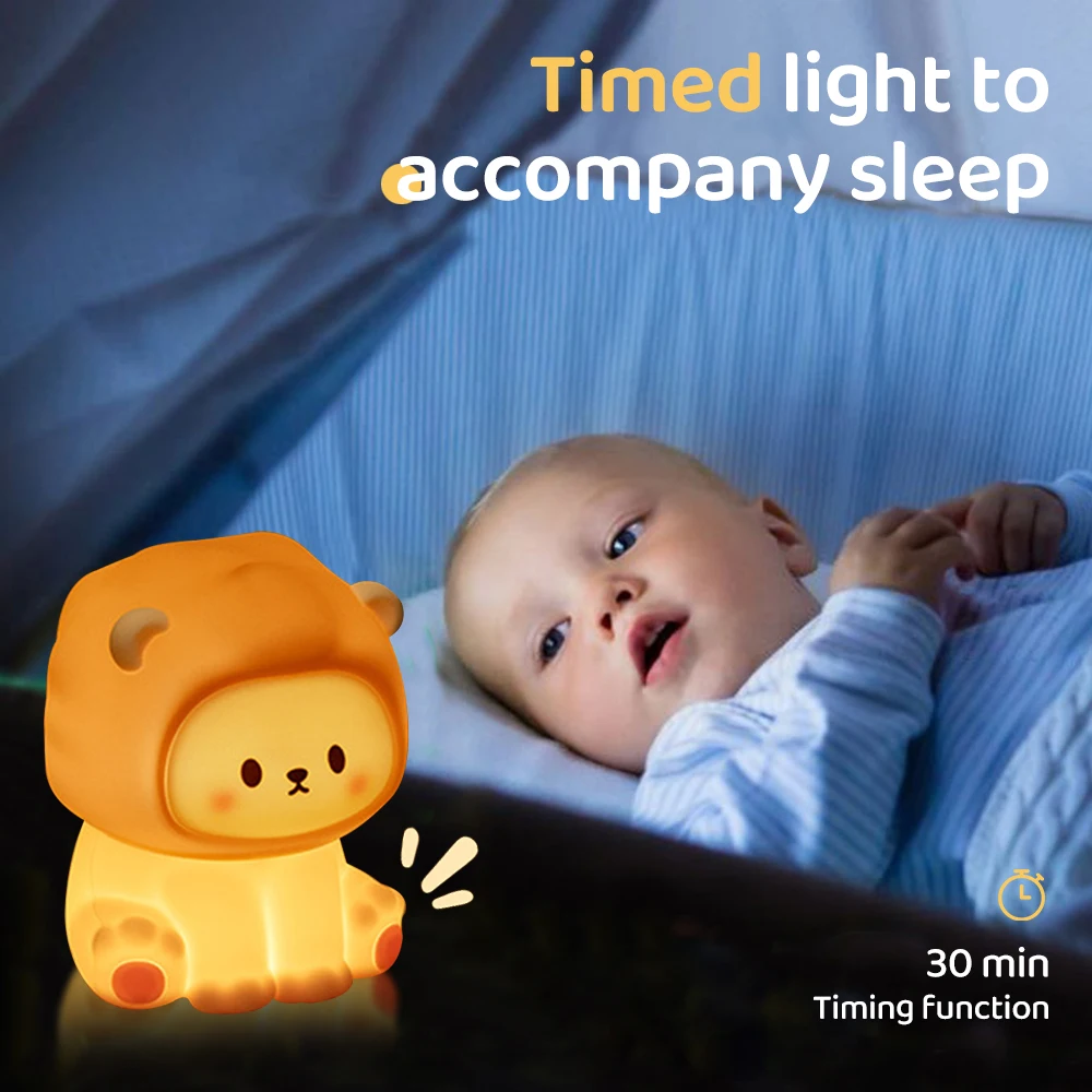 Kawaii Lion Night Light ricaricabile 3 livelli dimmerabile Silicone Sleeping Light lampada da comodino Nursery Nightlights per camera da letto