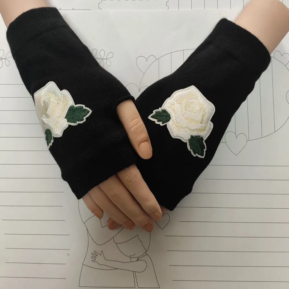 Guantes de punto sin dedos con bordado de rosas, novedad