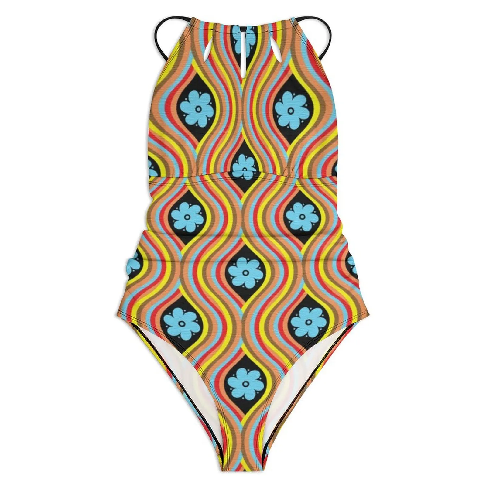 70S Retro Hippie Swimsuit Sexy Bohemian Flower Power One Piece Swimwear Push Up Bodysuit Trendy Holiday Rave Bathing Suit