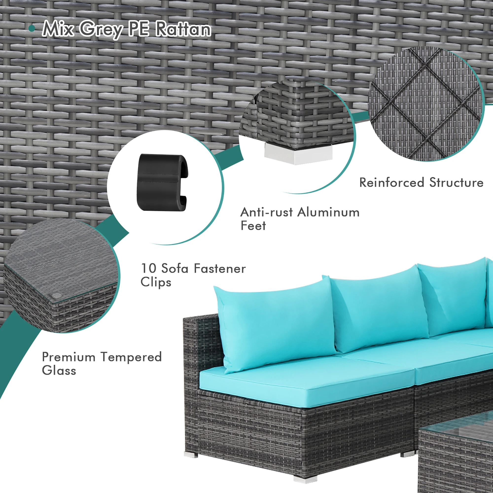 7PCS Patio Rattan Furniture Set Sectional Sofa Cushioned Turquoise