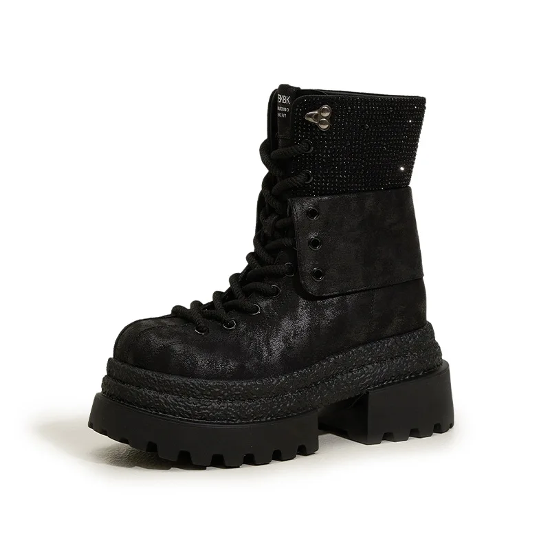 Women Bling Mid-calf Boots Leather Chunky Sneakers New 2025 Winter Warm Fur Snow Boots 9CM Heels High Platform Motorcycle Boots