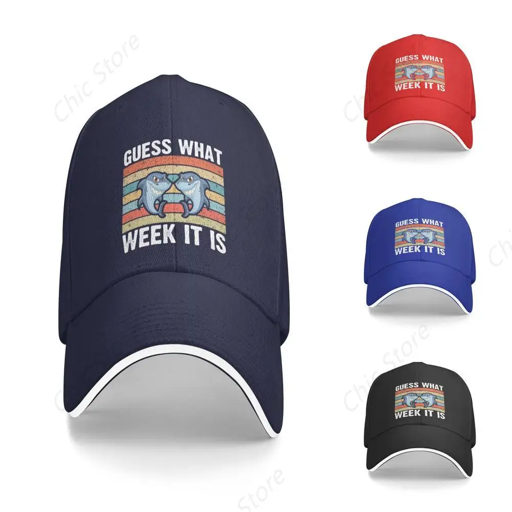 Guess What Week It is Funny Shark Gift Hat Baseball Sandwich Bill Caps Breathable Trucker Hats for Men Women Casquette for GYM