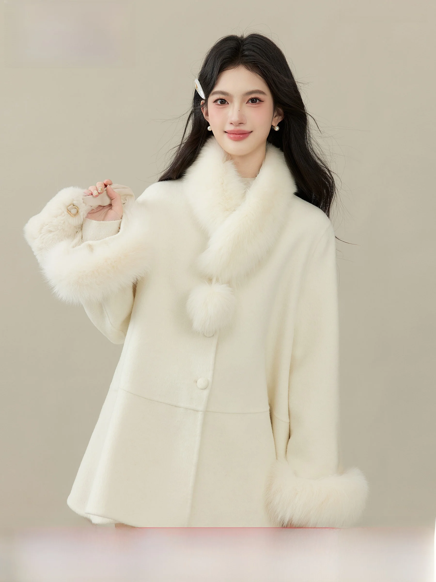 

Lingjiu Double-Faced Woolen Coat Fur Collar Commuter Sle Women's Winter Outerwear Warm High Waist Straight Cut Coat