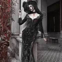 Blood Supply Original Design Vampire Black Red Dress Lace Patch Gothic Velvet Trumpet Long Sleeve X-Long Dress Holloween