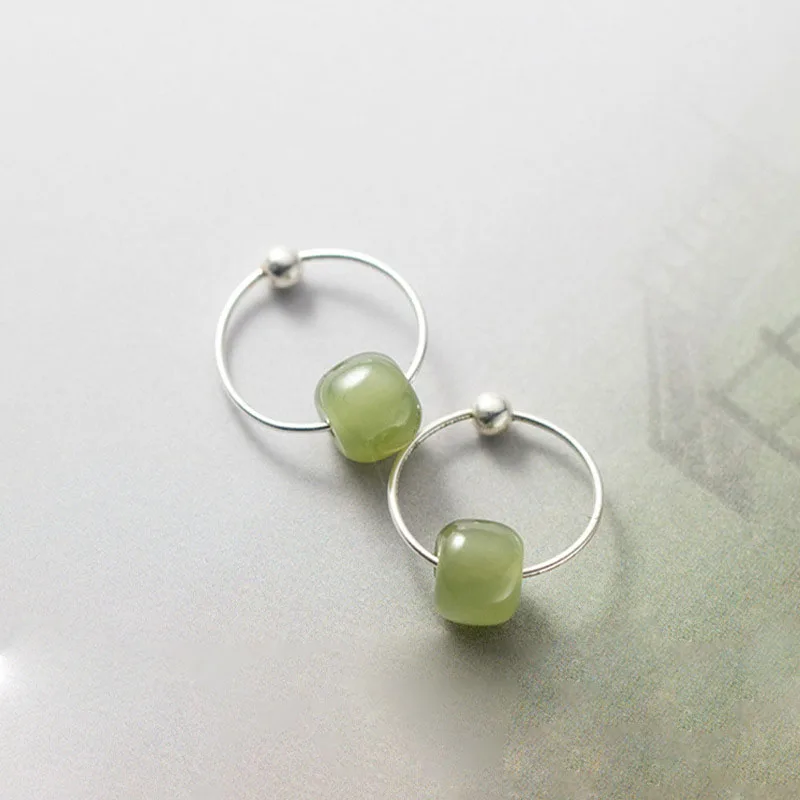 

Elegant Vintage Jade Hoop Earrings For Women New 925 Silver Jewelry Lucky Bead Earring Lady Party Accessories