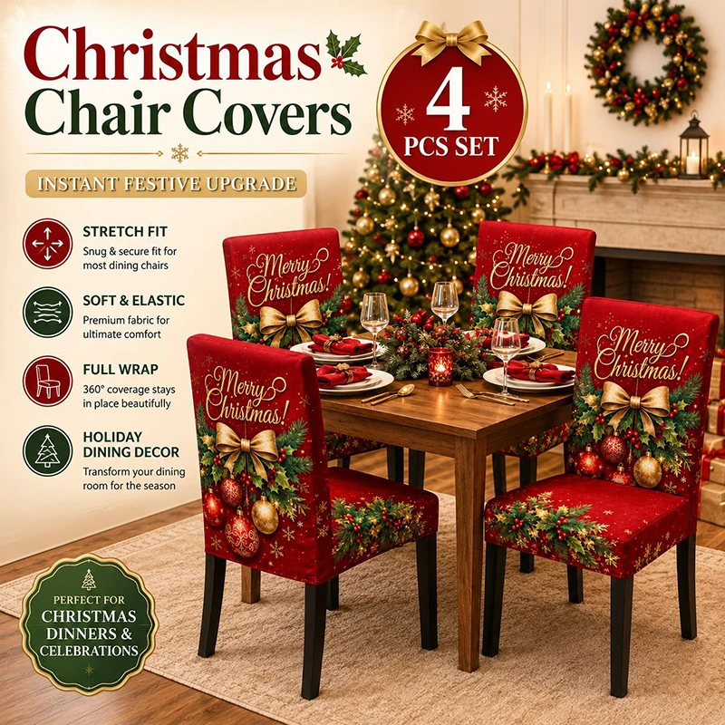 4PCS Christmas Dining Room Chair Covers Removable Washable Kitchen Parsons Chair Covers Santa Claus Pattern Holiday Party