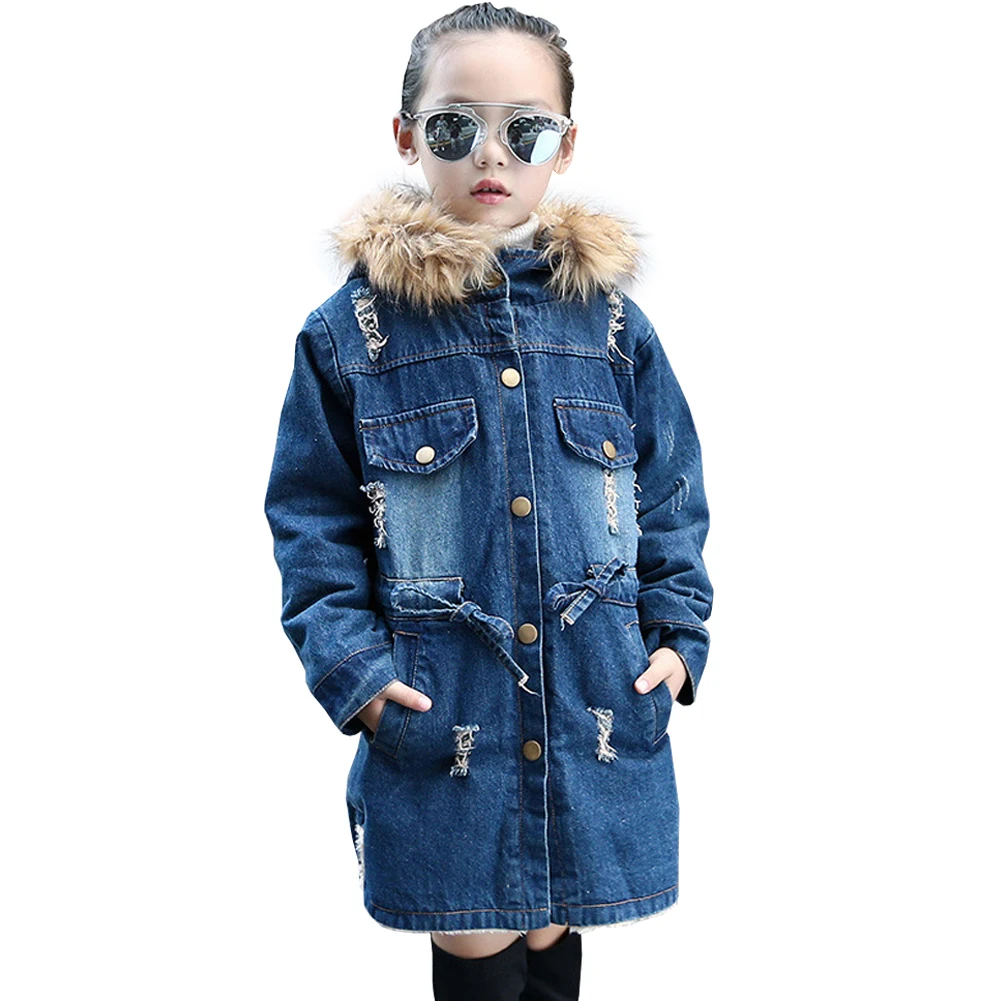 

Girls' Lined Denim Jacket with Fur Hood Children's Winter Warm Fleece Coat Thickened Windproof Long Cowboy Jacket Zipper Outfits