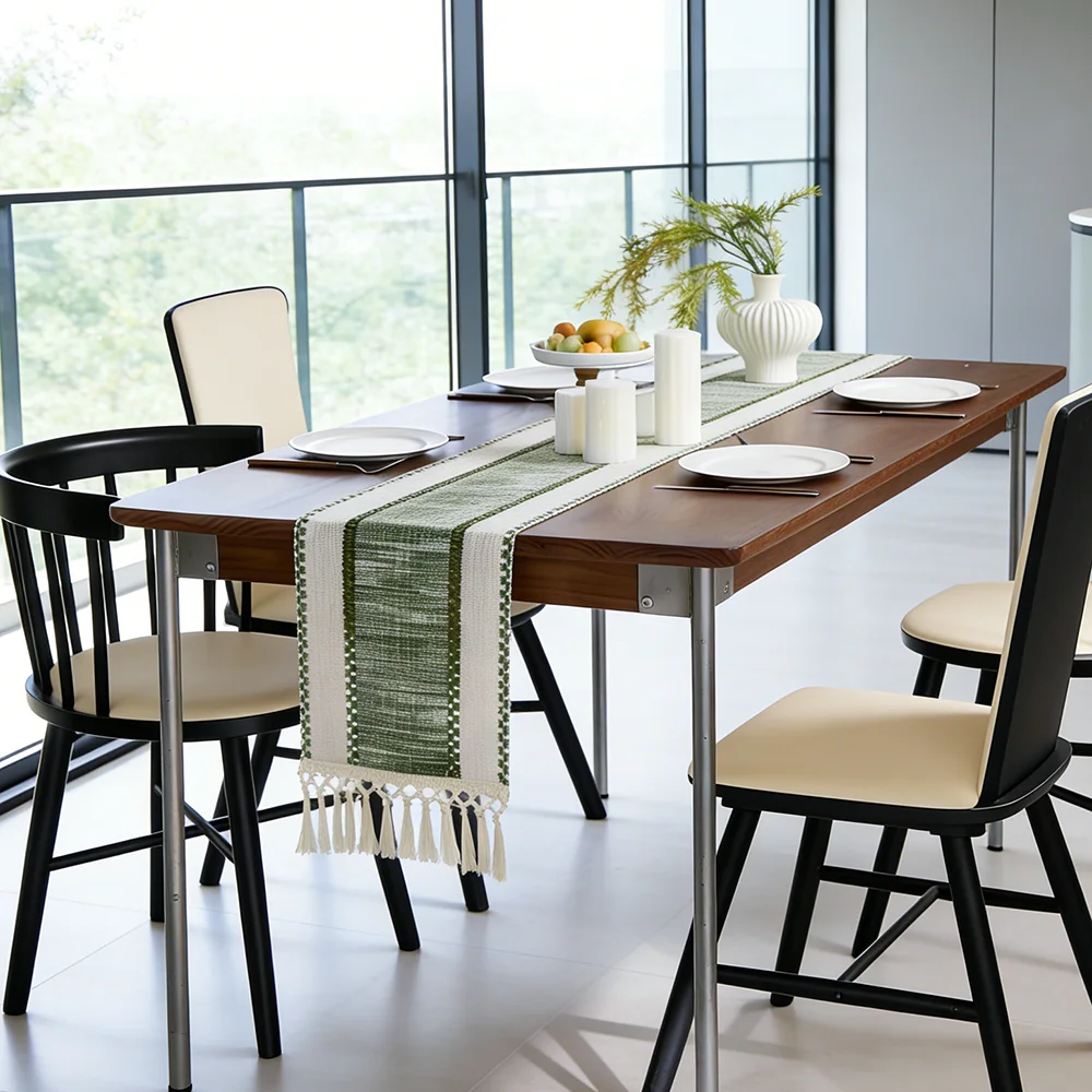 Grüner Boho Gestreifter Tischläufer - Handgewebte Quasten, Ideal für Frühlingstische, Runde Couchtische & Rustikale Heimdekoration – Detail 1