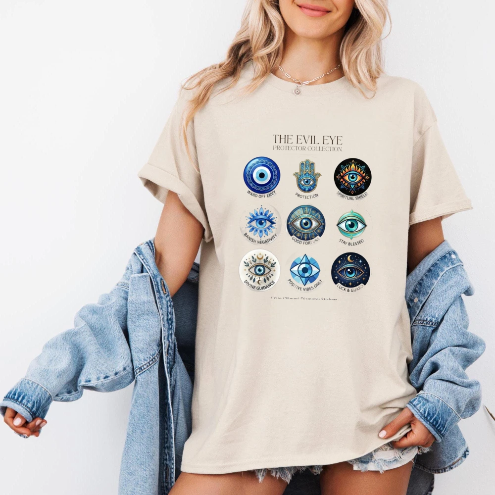Evil Eye Collection Printing T Shirt Blue Spiritual Protection Symbols Amulet Unisex Casual Tops Breathable Cotton Summer Shirt