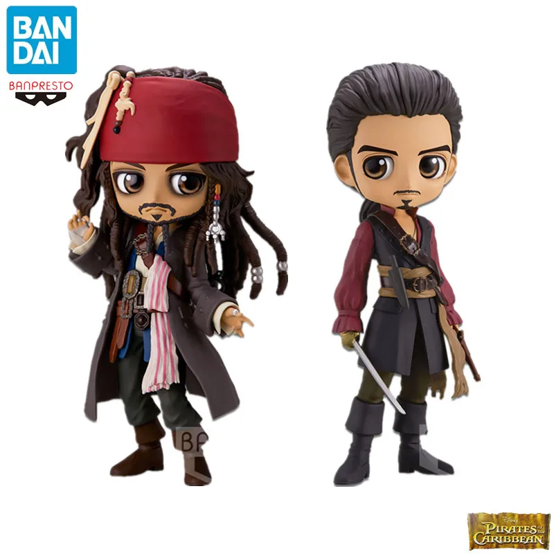 

In Stock Bandai Original Qposket Anime Pirates of The Caribbean Jack Sparrow William Turner Action Figure Model Children's Gifts