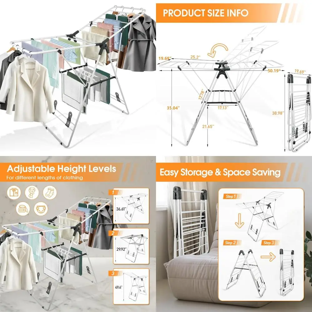 

Adjustable Height Metal Folding Laundry Drying Rack - Space-Saving Indoor Outdoor White