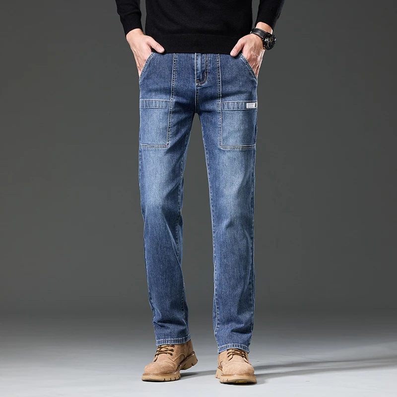 

New autumn style Men's blue jeans men's patchwork stretch slim jeans Men's loose straight fashion trousers