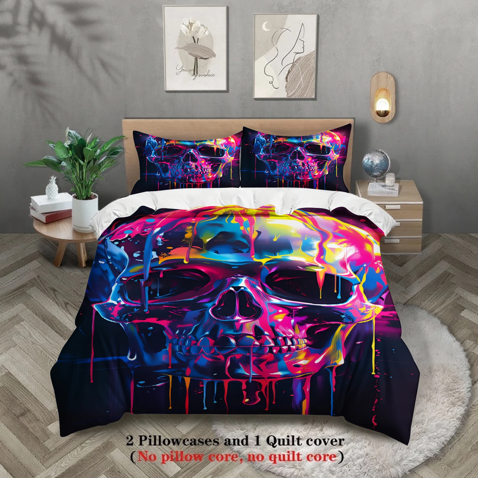 3pcs Skull Bedding Sets 3D Printed Colorful Drip Paint Wrinkle Resistant Durable Duvet Cover Sets With Pillowcases No Filling