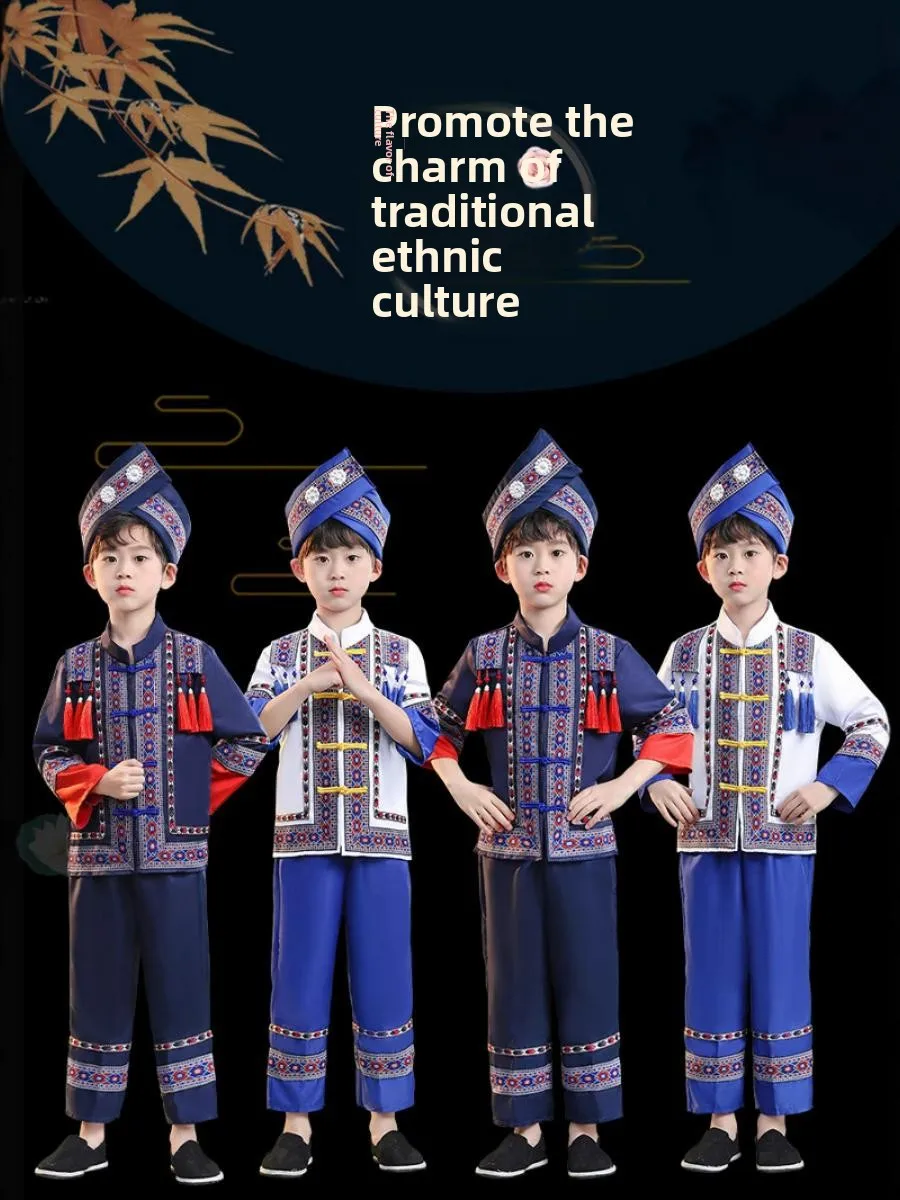 New March Three Guangxi Zhuang Ethnic Children's Performance Miao Yao  Minority Boys And Girls Dance Costume Ethnicity