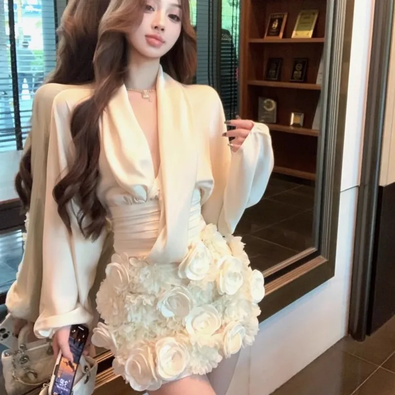 2025 Spring 2 Piece Skirt Set Women Luxury Satin Cinching Slimming Shirt High Waist Three Dimensional Flower Wrapped Skirt Suits