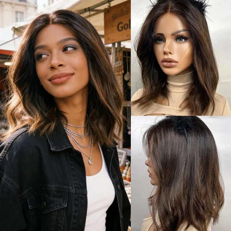 

14-дюймовый короткий парик-боб с натуральными волнами, синтетический, с эффектом омбре, коричневый, с кружевной передней частью, без клея, с маленькой/большой шапочкой, предварительно проработанной линией роста волос