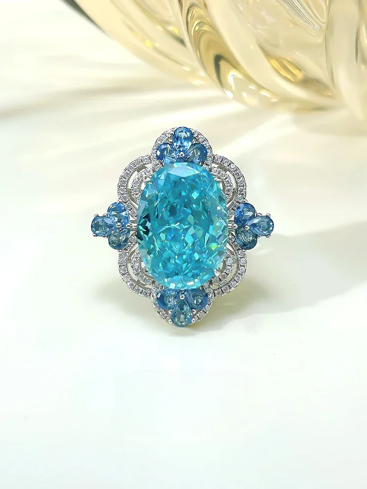 

100% 925 Silver Ocean Blue Treasure Ring for Women Inlaid with Imported High Carbon Diamond High Quality Wedding Party Jewelry