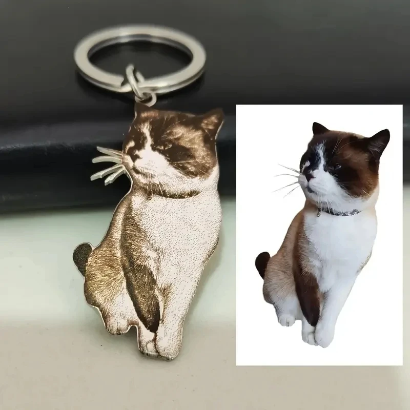 Personalized Customized Pet Cat Dog Portrait Photo Exquisite Key Chain Stainless Steel Cute Animal Design Pendant Jewelry Gifts