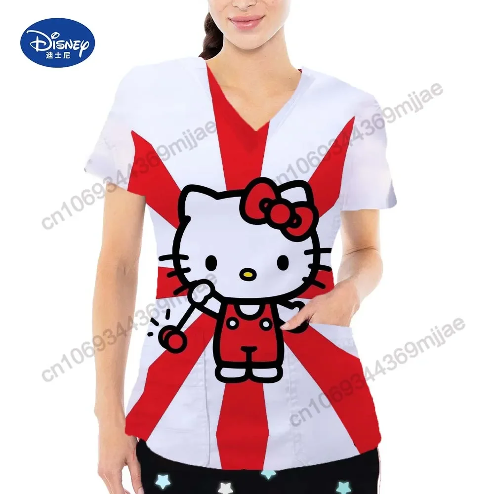 Holle Kitty cartoon pattern fashion Y2k style women's clothes 2024 summer new V-neck design style Woman's T-shirt Nurse Uniform