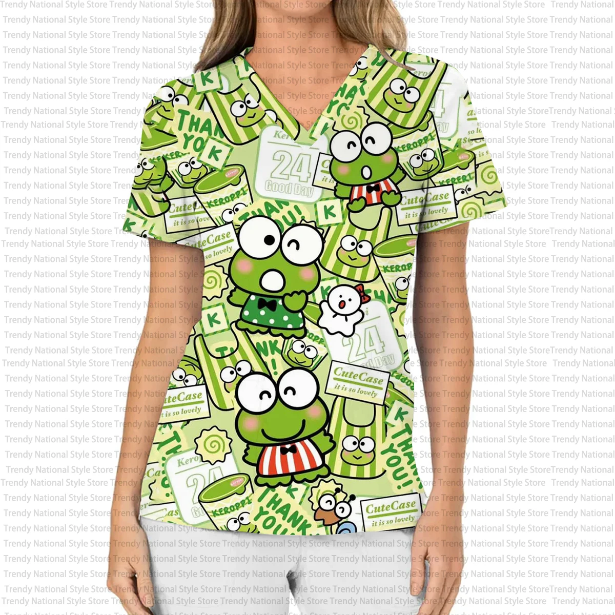 헬로키티 프린트 여성용 우아한 의료용 수술복 트렌디한 V넥 치과 간호복